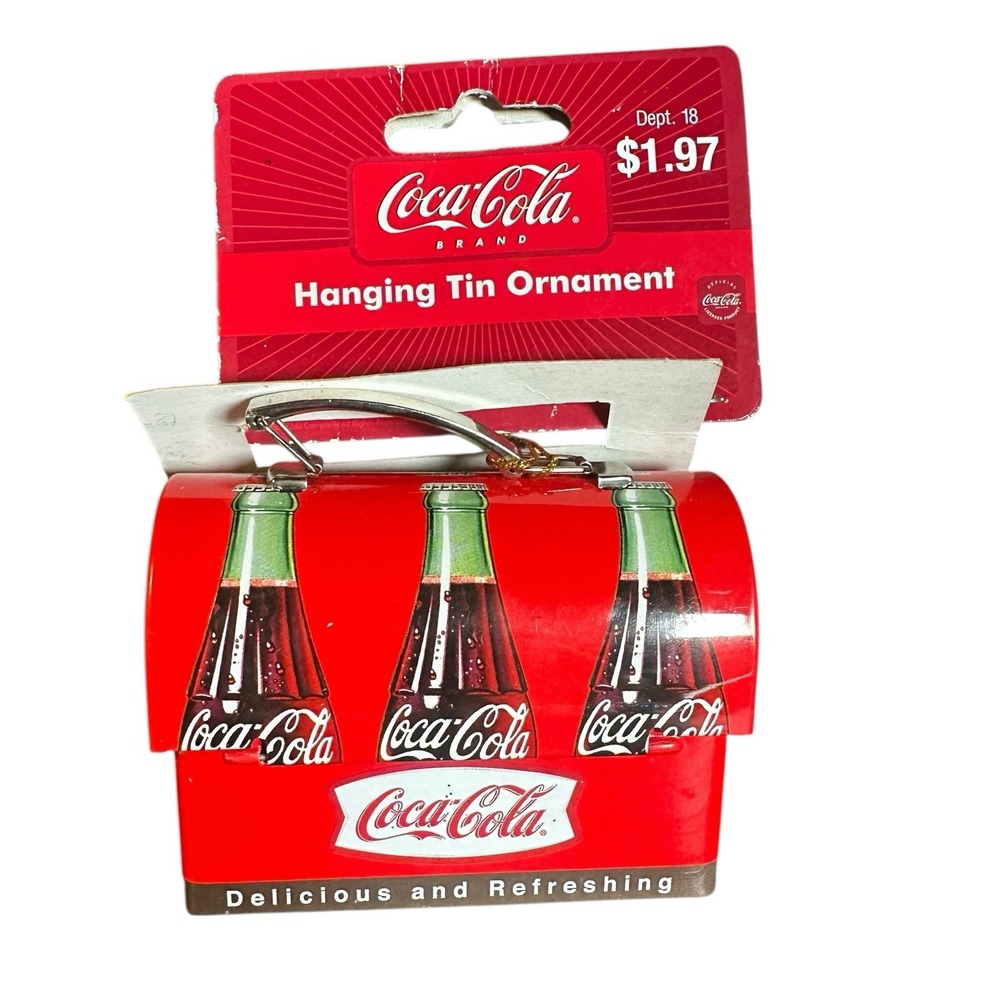 Coca-Cola‎ Mini Red Lunch Box Hanging Tin Ornament with Coke Bottles NEW 3" x 2"